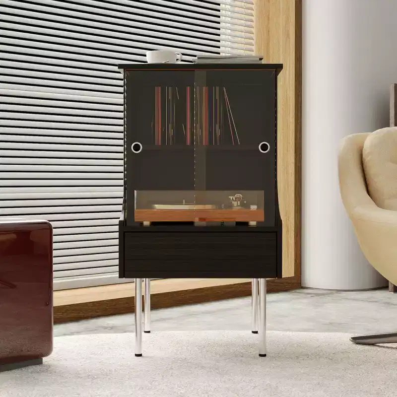 Retro-Modern Turntable Cabinet with Glass Doors, LED Lighting & Vinyl Storage