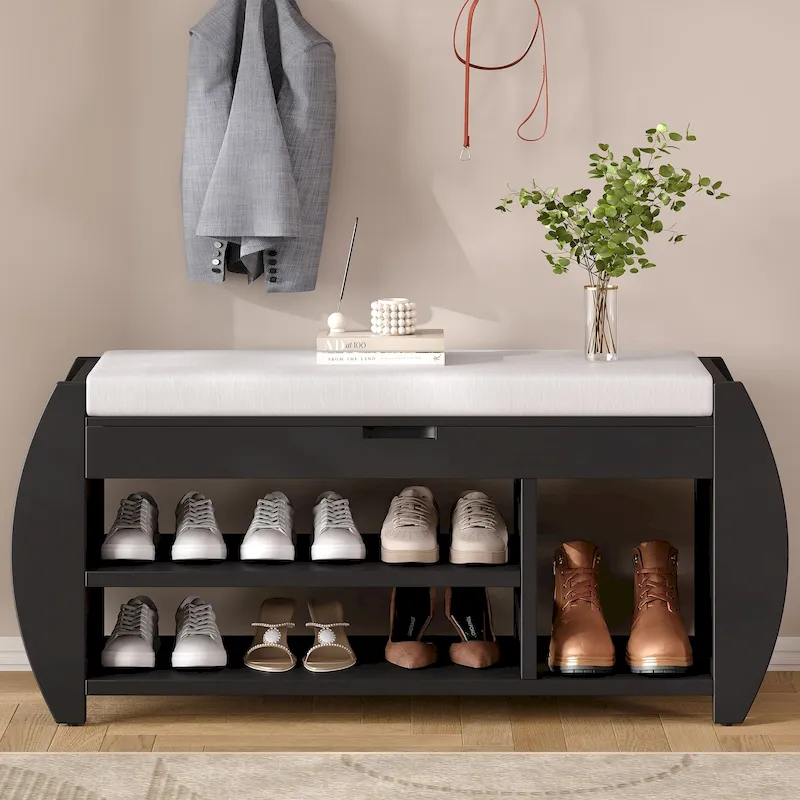 Retro Multifunctional Storage Bench with Cushion and Curved Side Panel