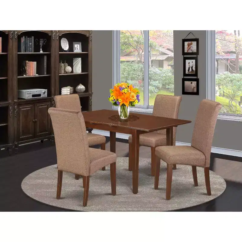 Kitchen Dining Set for 4 - 5 Piece Table & Chair Set - Rectangle Table with Butterfly Leaf - Linen Fabric Chairs