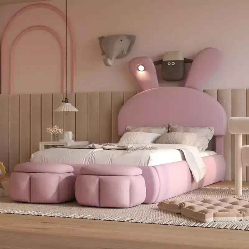 Twin Size Upholstered Platform Bed Frame for Kids, Wooden Bedframe with Cartoon Ears Shaped Headboard and Light, Pink