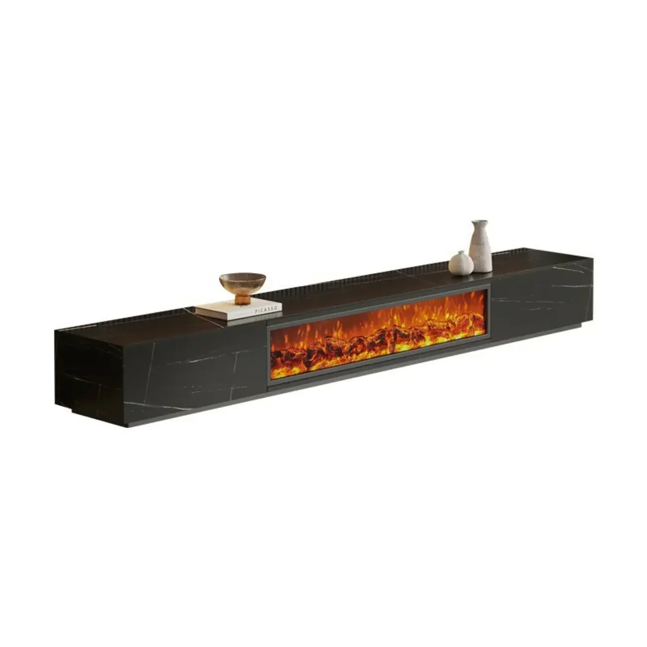 87 Rectangle Black Electric Fireplace Stone TV Stand with Light