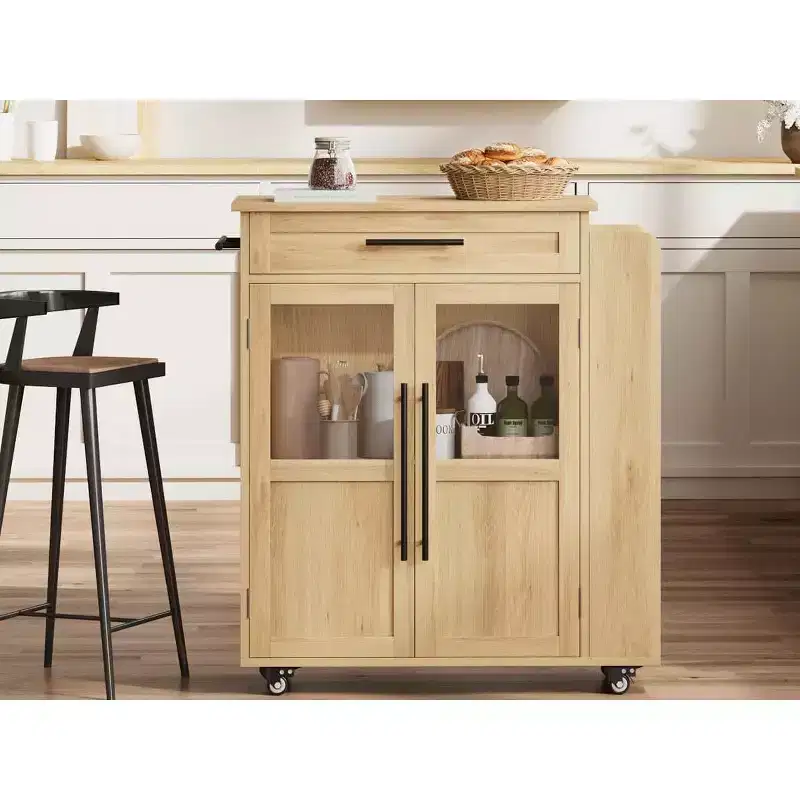 48-Inch Retro Farmhouse Kitchen Island with Storage, Glass Door Cabinet & Coffee Bar Station