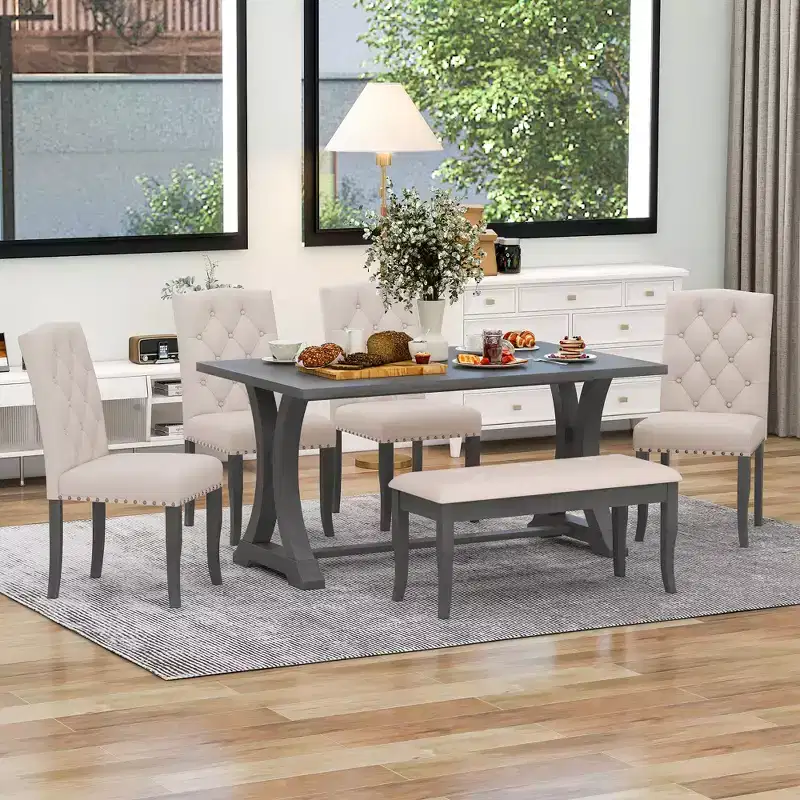GDFStudio Thomas 6 Piece Farmhouse Dining Table Set with Upholstered Chairs and Bench