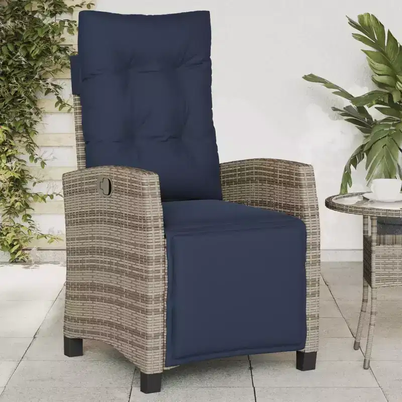 vidaXL Reclining Patio Chairs with Footrest - Set of 2, Adjustable Poly Rattan Loungers, Weather-Resistant & UV-Protected, Easy Clean, Navy Cushions