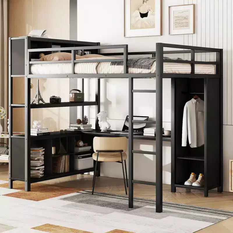 Okak Full Size Loft Bed with Wardrobe & L-Shaped Desk,Heavy Duty Metal Bunk Beds with Storage Shelves,Modern Loft Beds for Teens & Adults