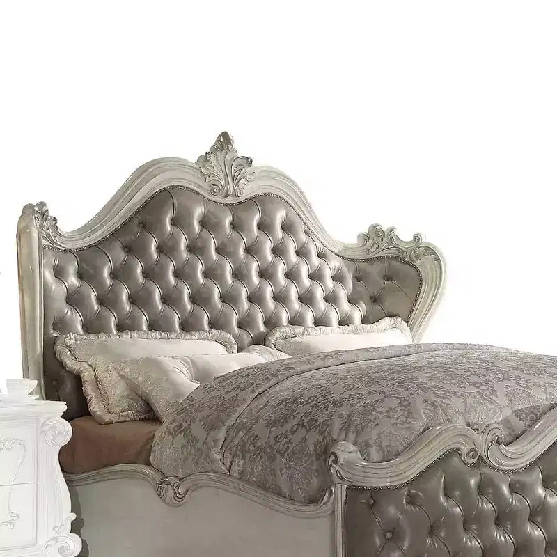 95" Queen Bed Versailles Bed Vintage Gray Synthetic Leather & Bone White Finish - Acme Furniture