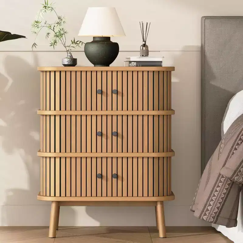 Mid-Century Wicker 3-Drawer Dresser, Natural Chest with Black Handles & Tapered Wood Legs