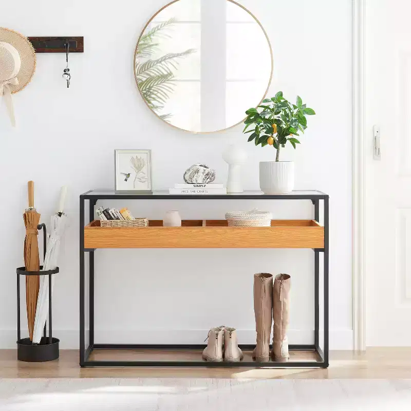 Danya B. Saarinen Glass Top Console Table Golden Oak: Laminated, Metal Frame, Tempered Glass, Storage Shelf
