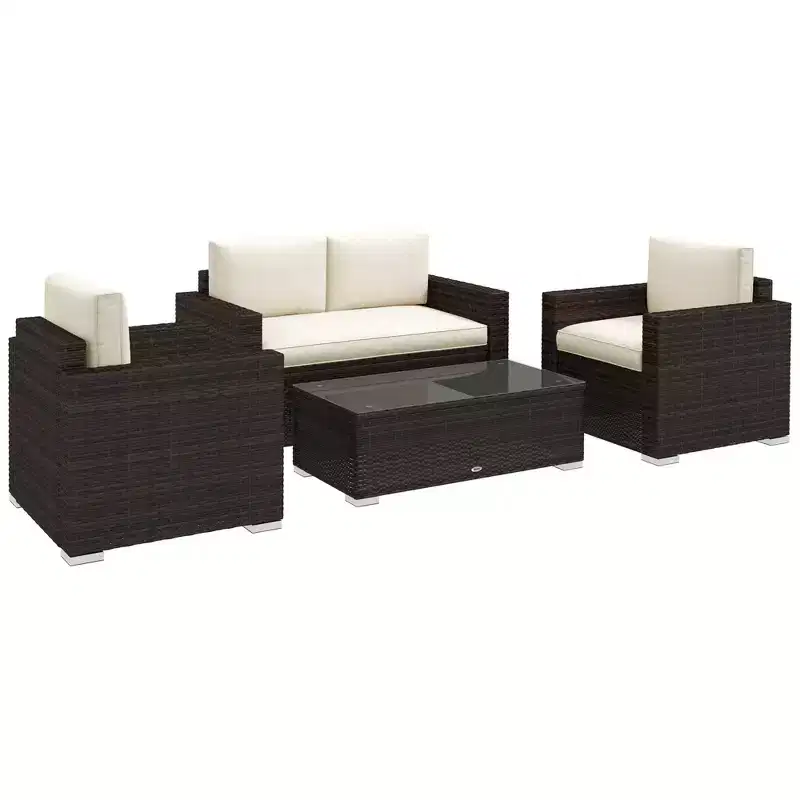 Outsunny 4-Piece Rattan Wicker Furniture Set, Outdoor Cushioned Conversation Furniture with 2 Chairs, Loveseat, and Glass Coffee Table