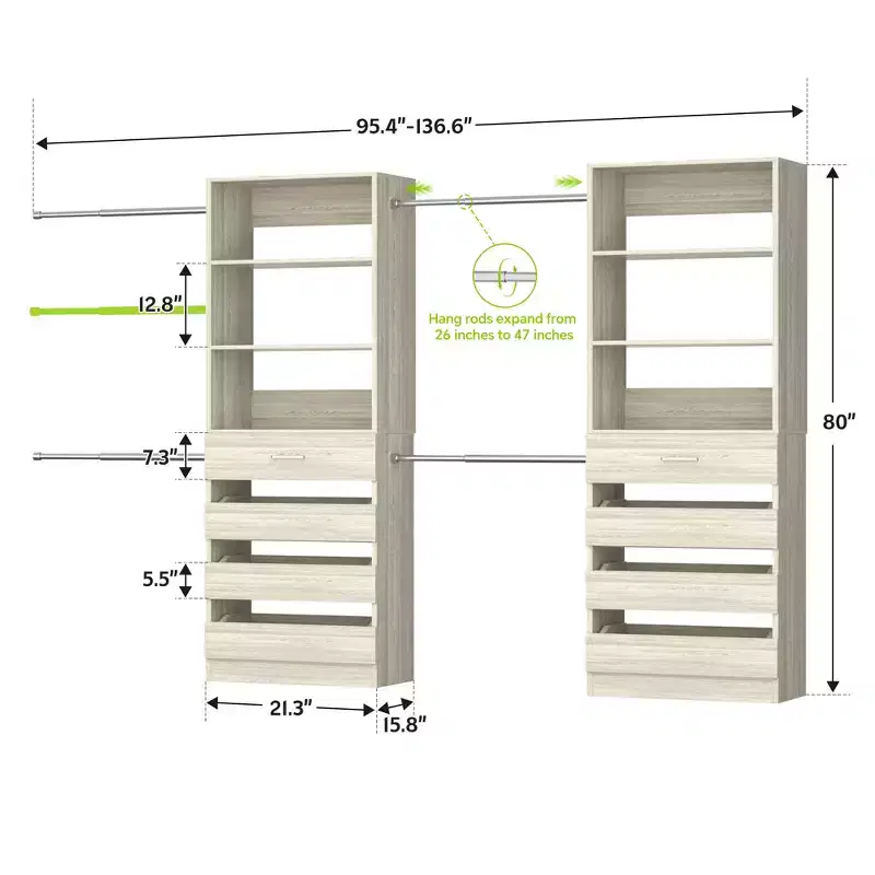 Besiost Closet System with 8 Wooden Drawers and 4 Hanging Rods