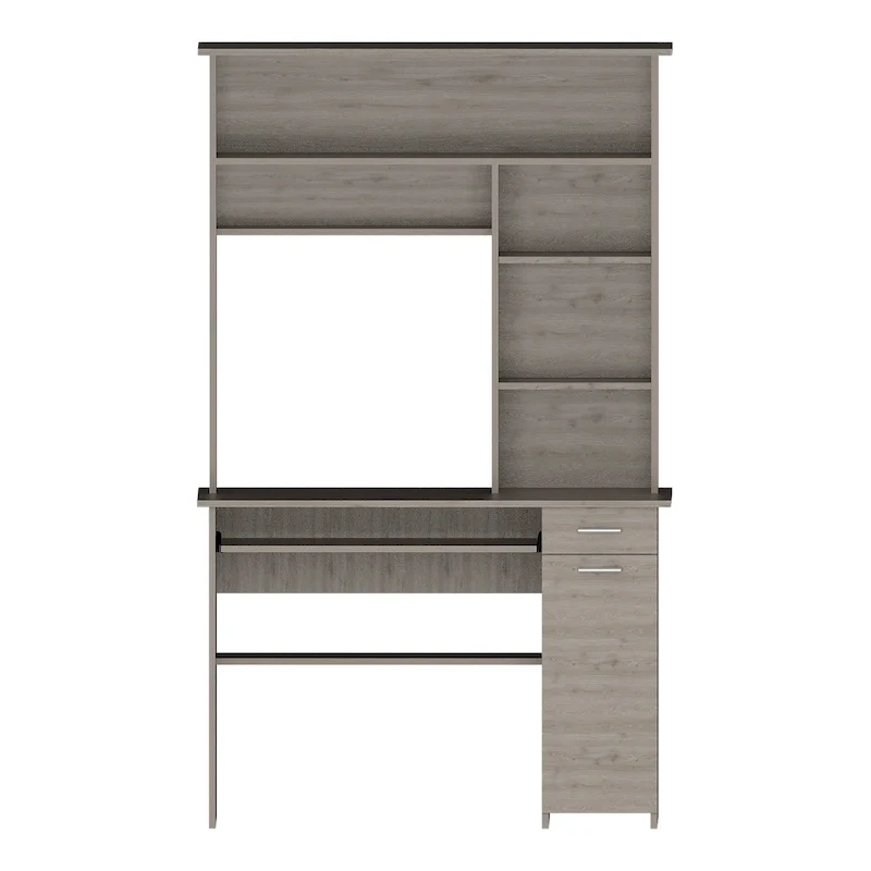Light Grey / Dark Grey / Black Hutch Desk with 5 Shelves, Keyboard Tray, CPU Panel and Drawer for 1 Person