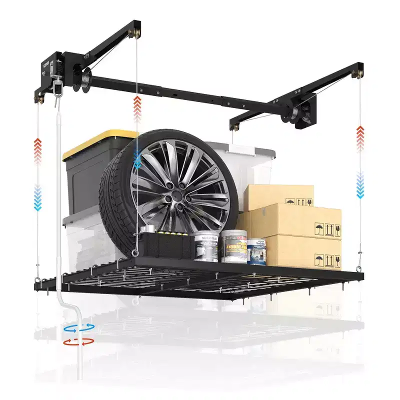 Garage Storage Rack Lift, 4x4 ft Ceiling Mounted Storage Racks, 79 Max Adjustable Height, 350lbs Weight Capacity, Heavy-Duty Metal Ceiling Rack