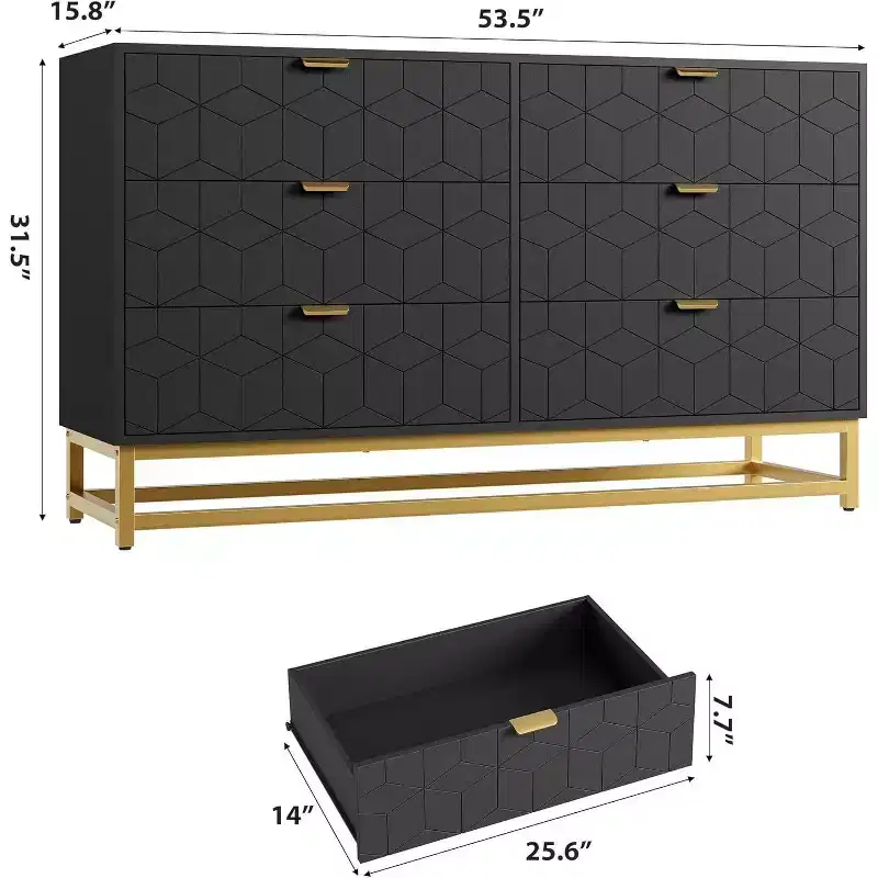 Acekool 6 Drawer Dresser, Modern Wide Chest Organizer with Gold Metal Legs, Large Storage Cabinet for Bedroom, Living Room, Entryway