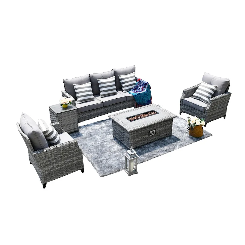Abrihome 5-piece Wicker Patio Garden Furniture Sofa Set with Gas Fire Pit