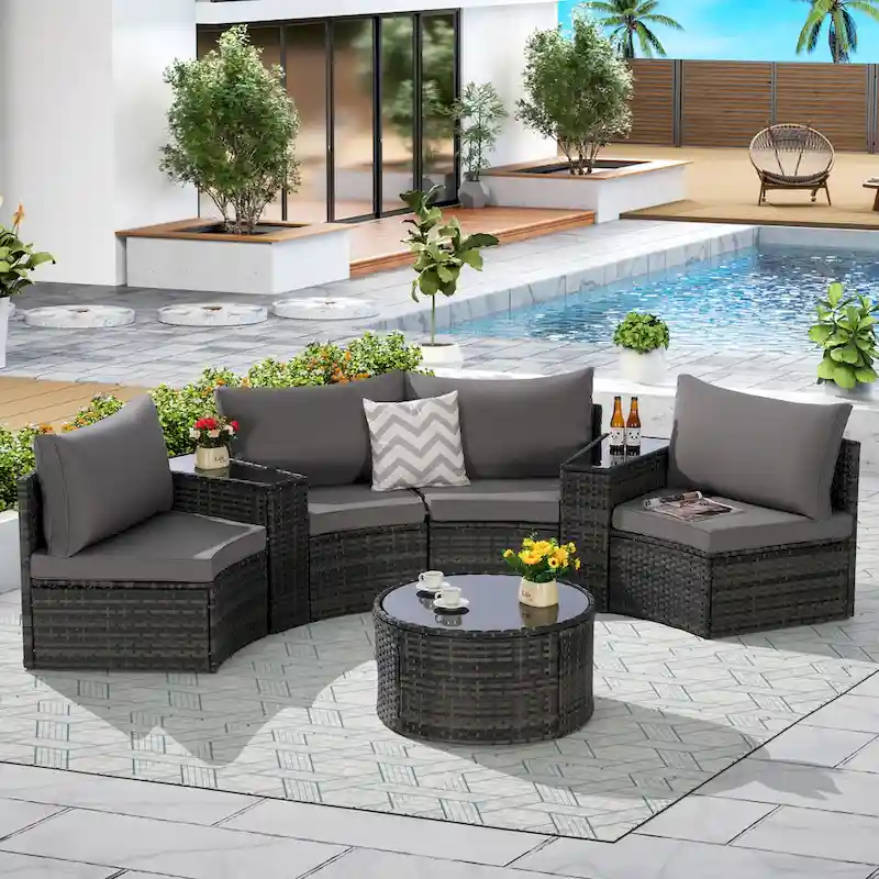 7-Piece Half-Moon Sectional Sofa Set with Glass Table