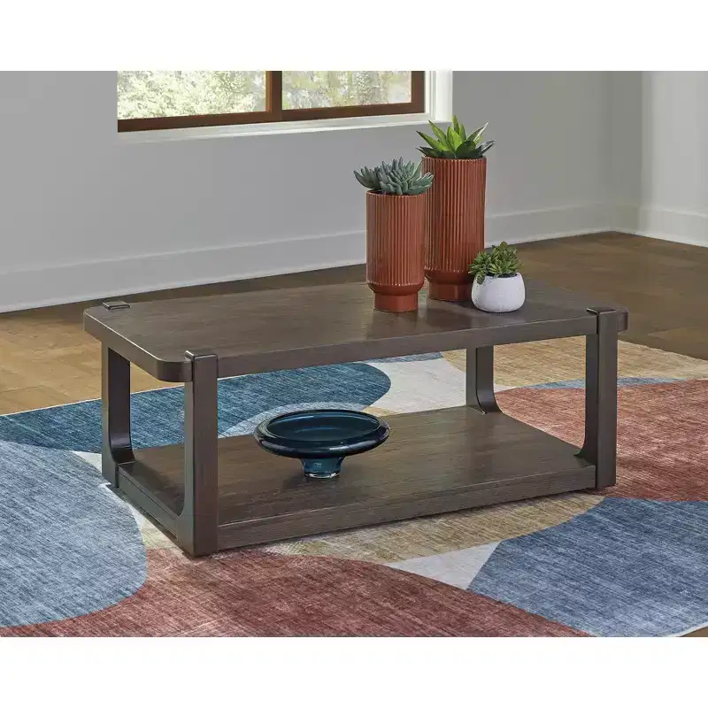 Signature Design by Ashley Breckington Coffee Table - Dark Brown Wood Finish with Rolling Casters, Lower Shelf Storage