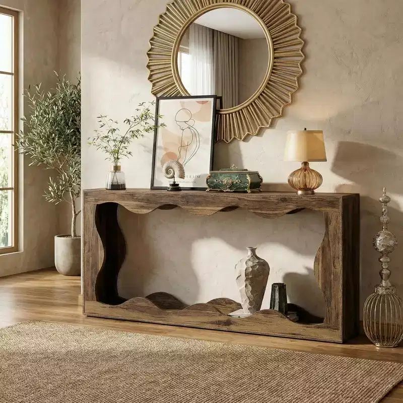Modern Industrial Farmhouse End Table with Wavy Design, 2-Tier Side Table for Living Room Entryway