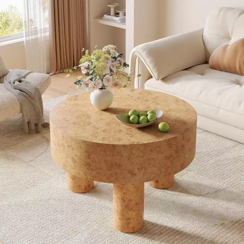 31.5-Inch Round Coffee Table for Living Room, Modern Circle Cocktail Tea Table with Burl Texture and Sturdy Legs for Apartment, Small Space