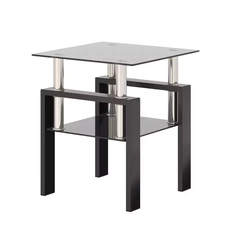 2-Tier Square Glass Coffee Table with Storage Shelf, Modern Living Room or Office Tea Table
