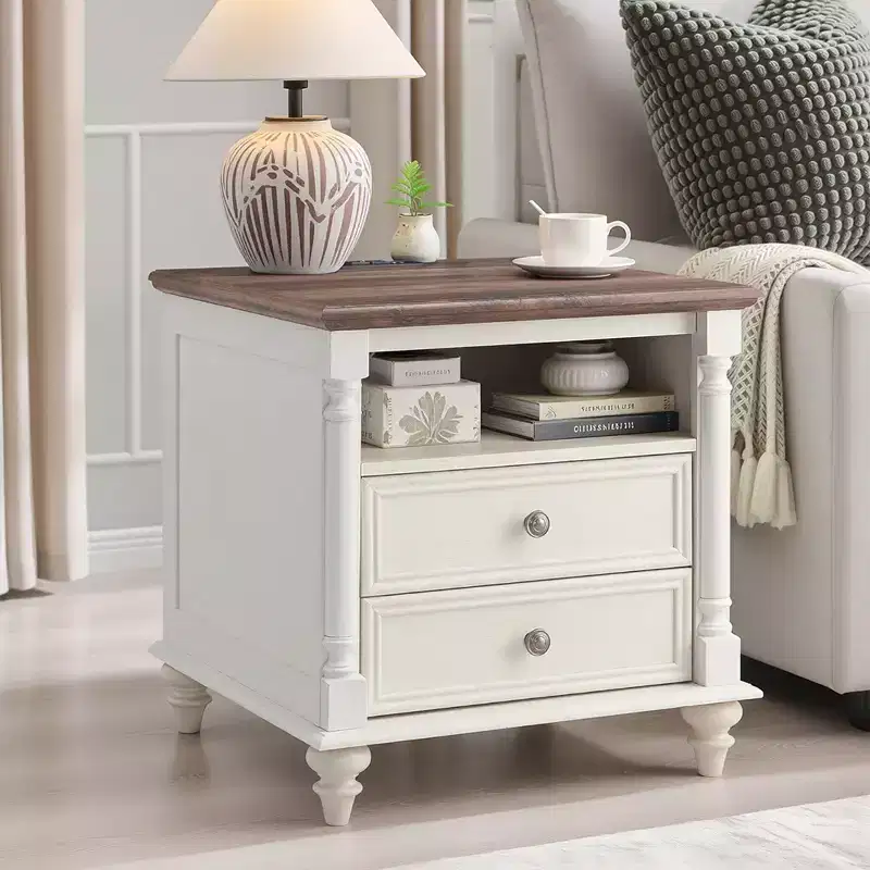 24 Farmhouse End Table with Charging Station, Square Nightstand with 4 Solid Wood Feet & 2 Drawers for Living Room, Bedroom
