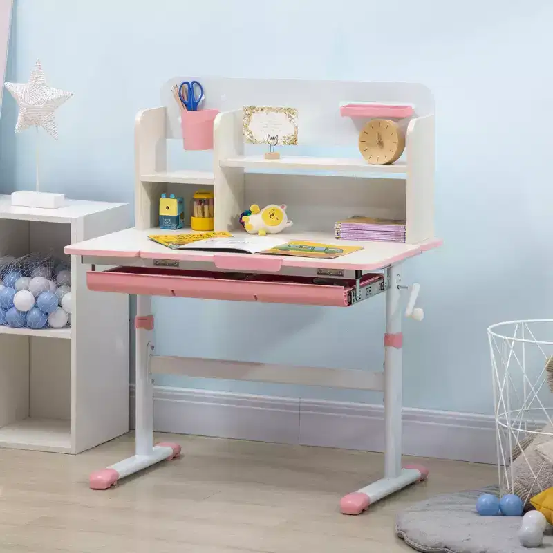 Wooden Kids Desk,Childrens Writing Desk with Height Adjustable & Tilt Desktop,Storage Shelf & Drawer,Student School Table for Ages 3-12