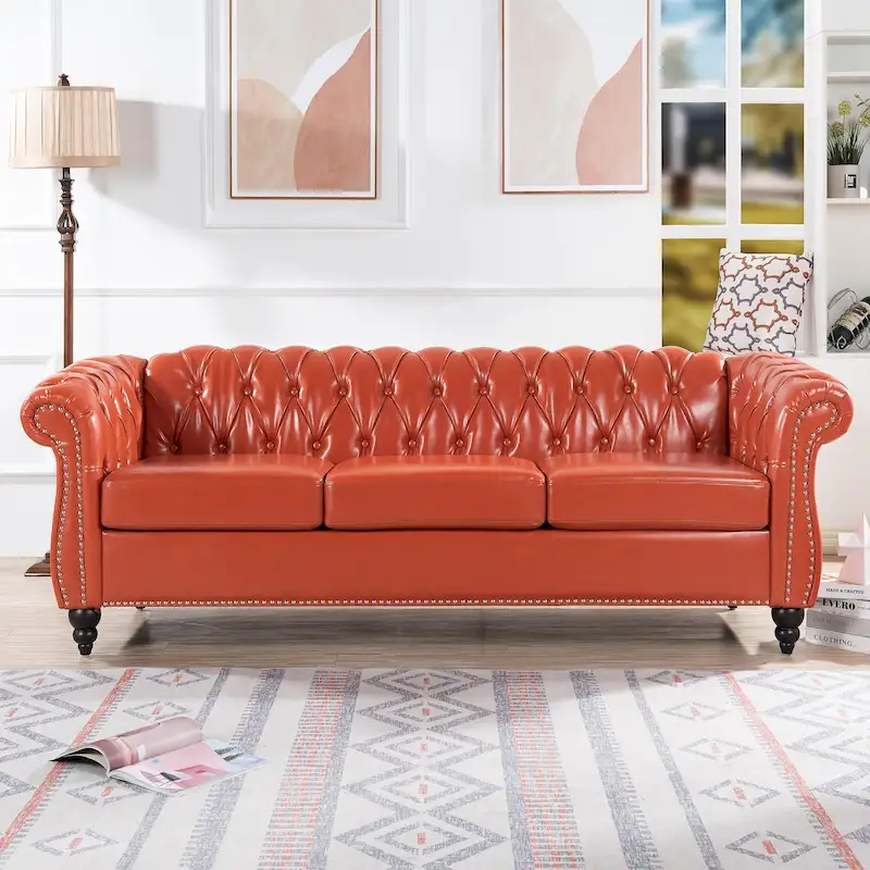 Classically Elegant 84.65 Three-Seater Rolled Arm Chesterfield Sofa in PU Leather - Sturdy Birch Legs, Soft Upholstery