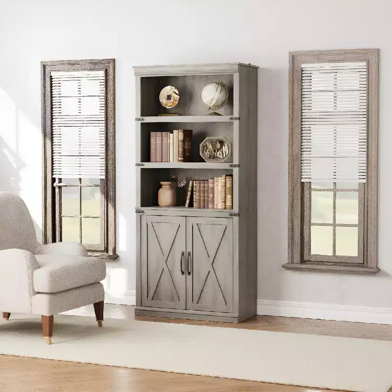 5-Shelf Bookcase with Storage Cabinet, Rustic Farmhouse Wooden Bookshelf with Doors, Freestanding 5-Tier Display Cabinet for Living Room, Bedroom