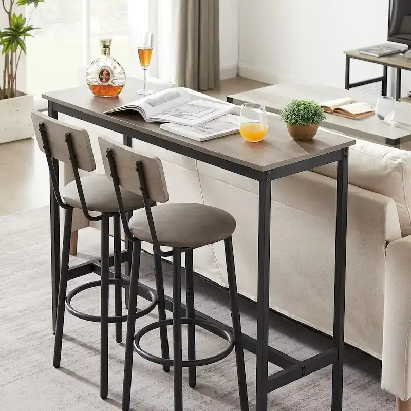 3 Pieces Bar Table and 2 Chairs Set, Industrial Style Bar Stools PU Upholstery Seat with Backrest