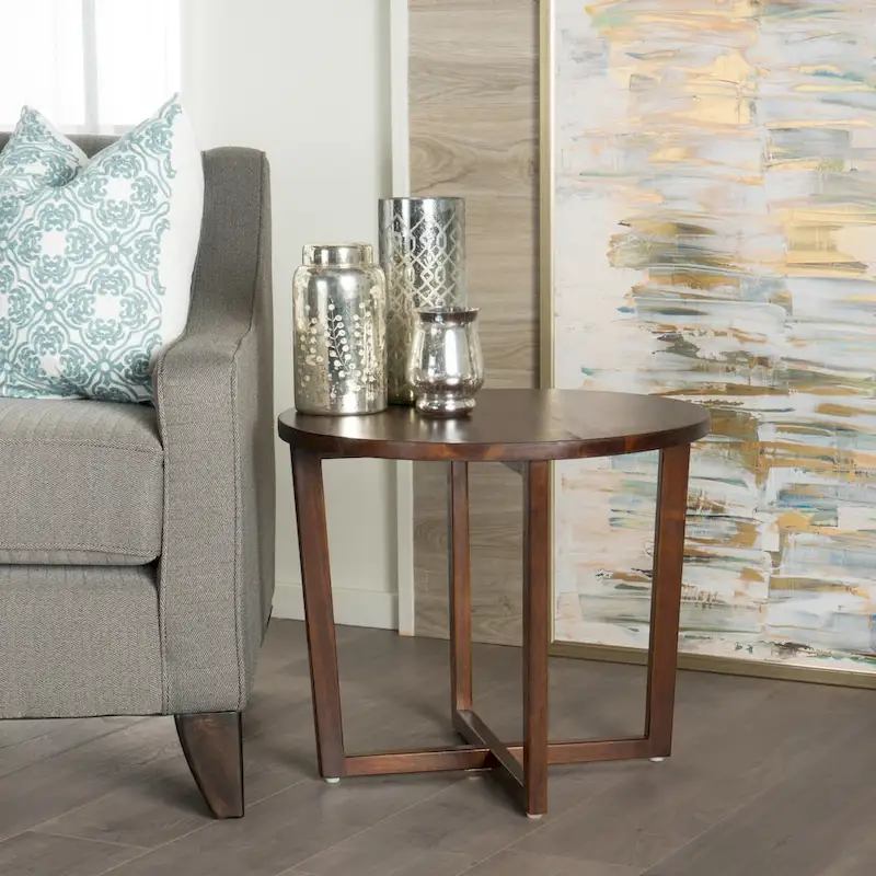 Round Acacia Wood End Table with Mahogany Finish & Cross-Base Legs, 23.25