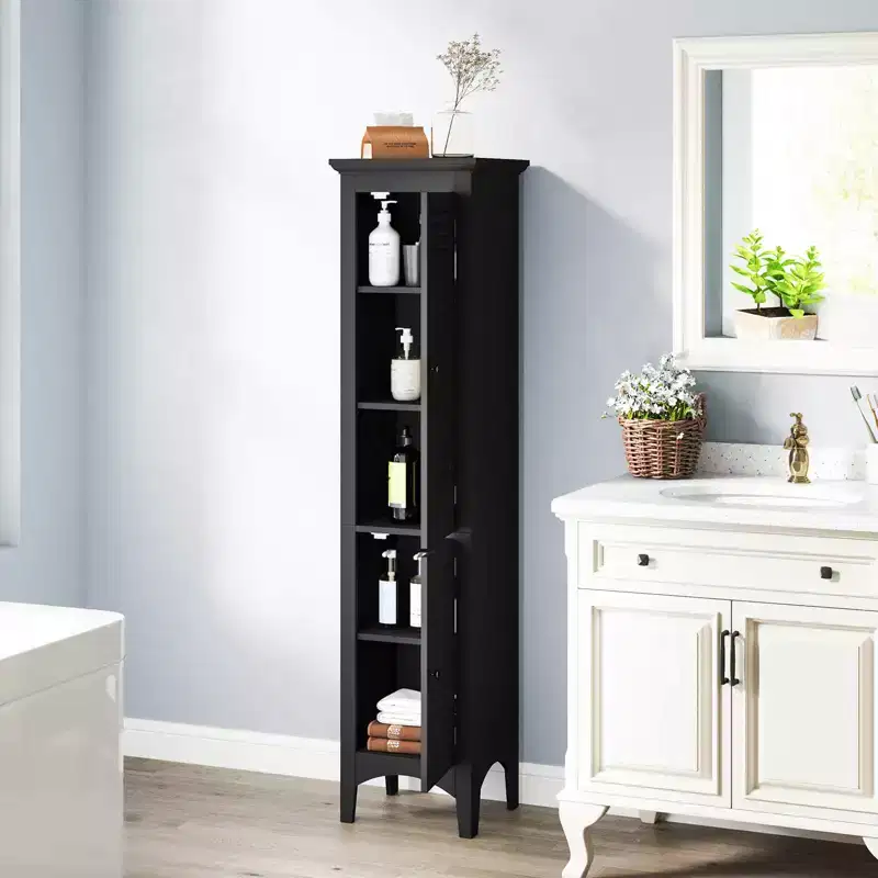 Costway 63 Tall Bathroom Cabinet with 2 Louvered Doors & Adjustable Shelf, Elevated Legs Gray/Black/White/Brown