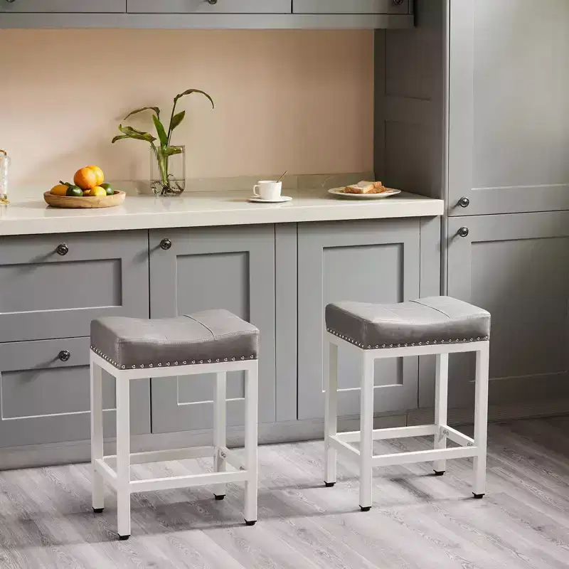 Set of 2 Upholstered Swivel Adjustable Height Bar Stools with Footstools, Armless PU Leather Counter Chairs for Dining Rooms