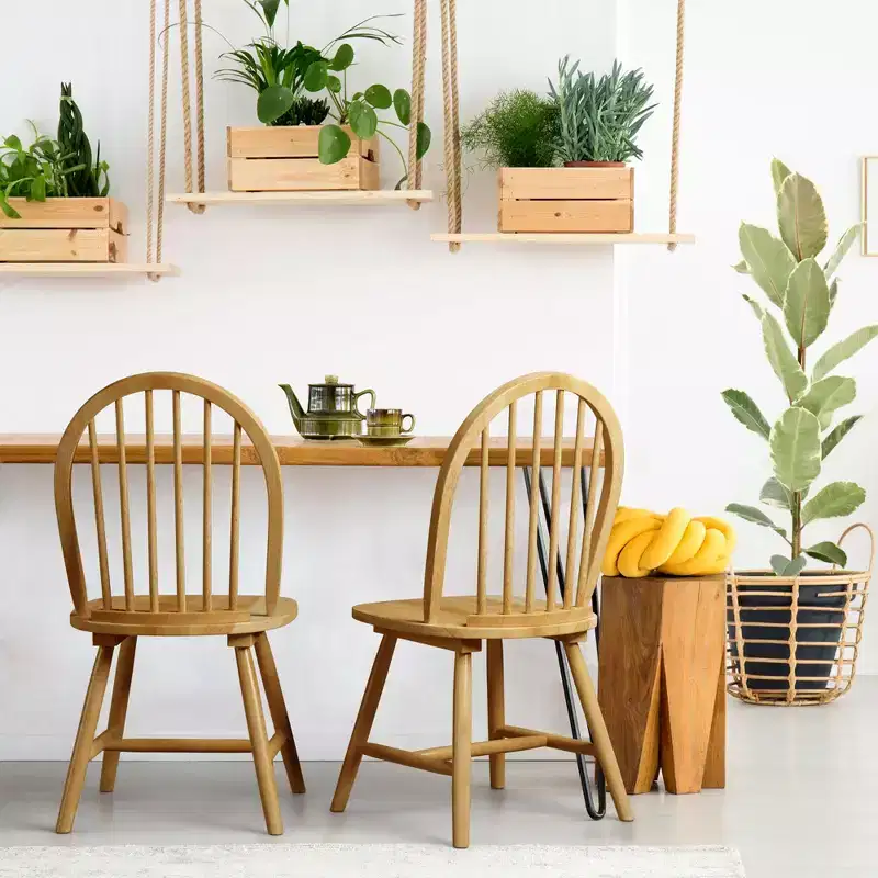 Set of 2 Windsor Dining Side Chairs – Wood Spindle Back, Natural Finish