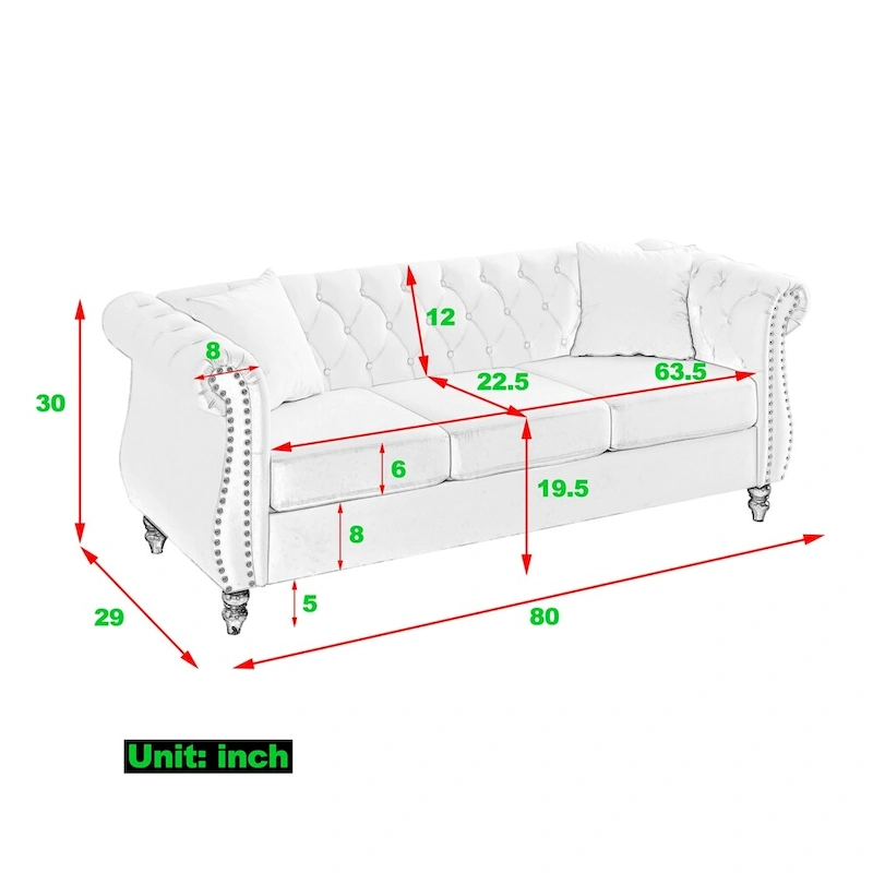 80 3 Seater Velvet Sofa with Rolled Arms and Two Pillows