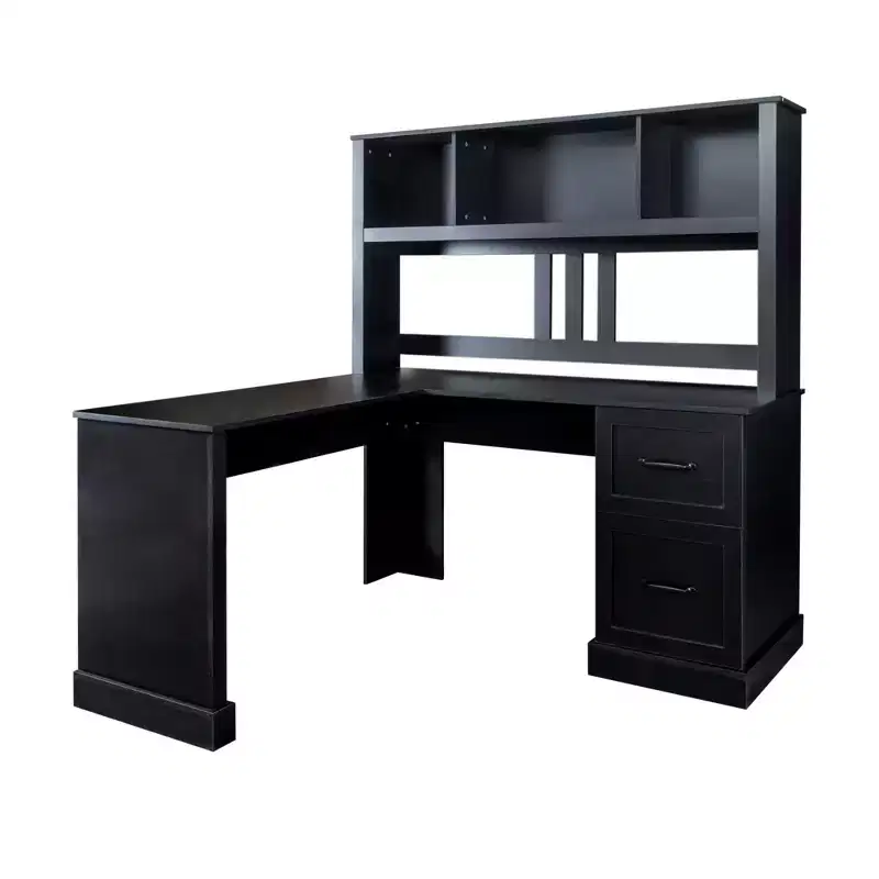 Homy Casa L-Shaped Computer Desk with Hutch and Drawers, Modern Home Office Corner Workstation, Black