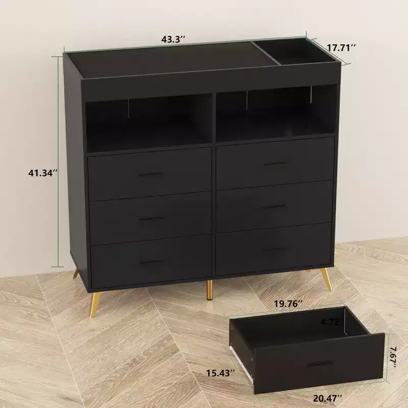 Dresser for Bedroom with Changing Table Top, 6 Drawer Baby Changing Table Dresser with Open Shelves