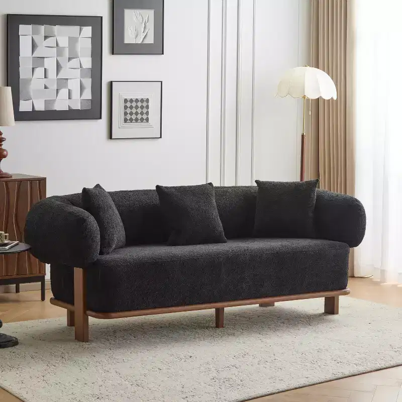 Christopher Knight Home Tadg 82 Rubberwood Boucle Upholstered 3 Seater Curved Sofa with 3 Pillows and Round Arm