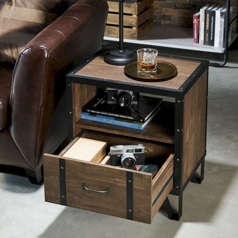 DH BASIC Industrial Oak 17-inch Metal 1-Drawer End Table by Denhour