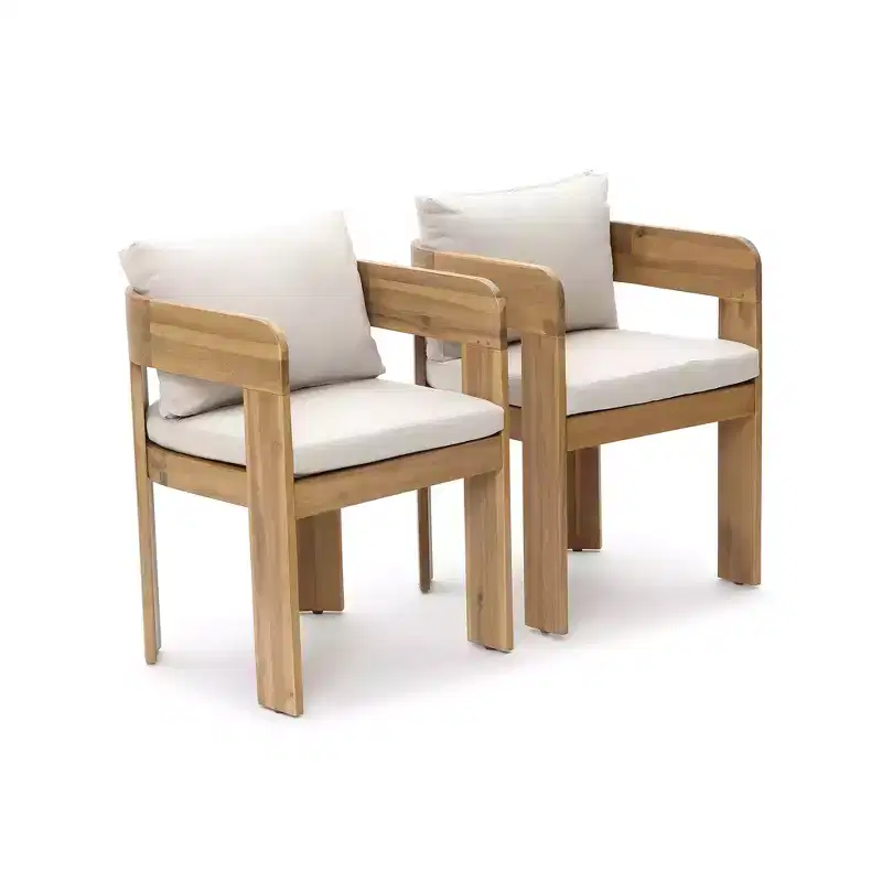 LuxenHome Set of 2 Modern Outdoor Acacia Wood Armchair with Cushions, Patio Lounge Seating