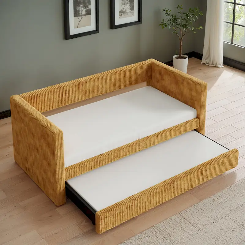 Corduroy Upholstered Daybed with Trundle, White, Twin Size Guest Bed