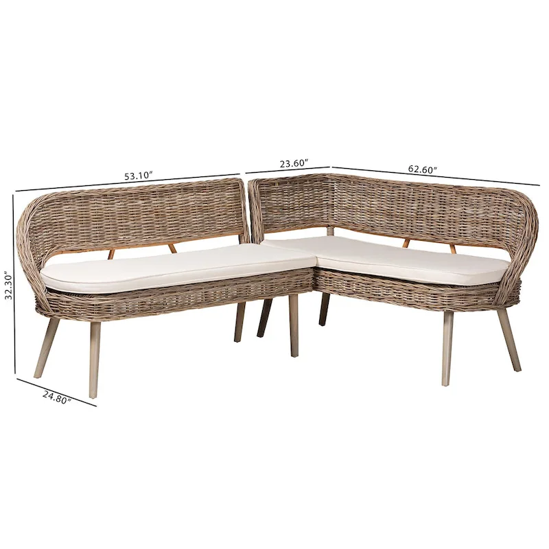 Modern Bohemian Natural Kubu Rattan and Acacia Wood Dining Nook Banquette