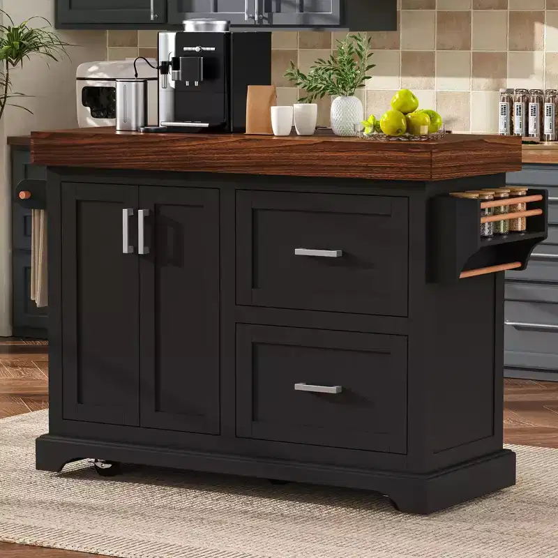 53 Rolling Kitchen Island Cart with 3.5 Thick Top, Drawers, Spice & Towel Racks