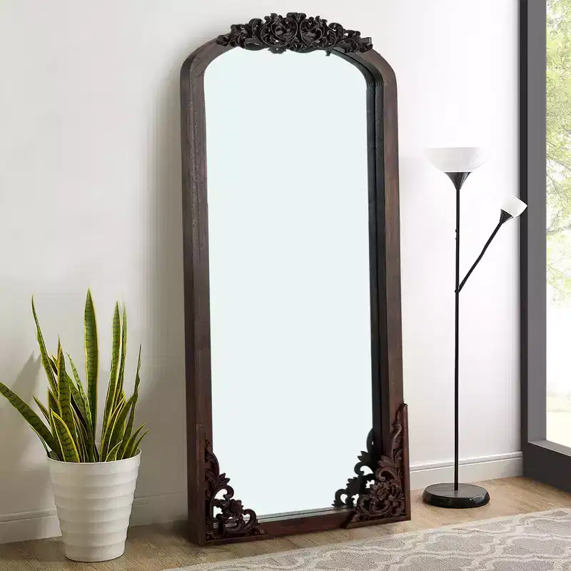 PexFix 21 in. W x 64 in. H Rustic Arched Solid Wood Framed DIY Carved Full Length Mirror in Charcoal