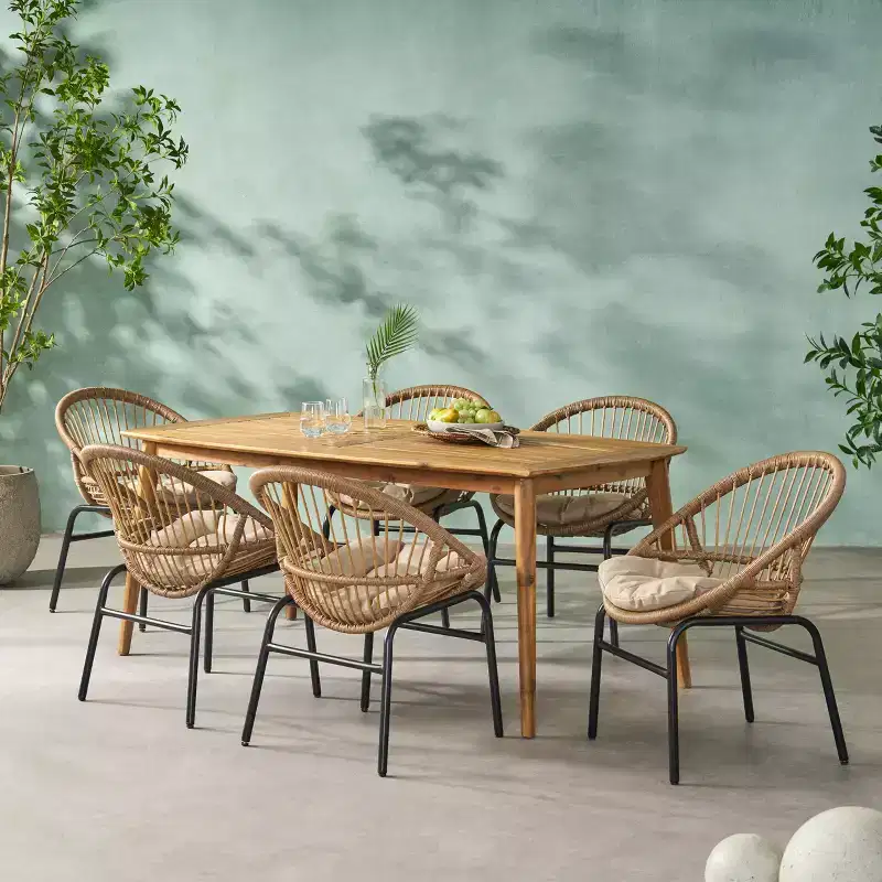 Christopher Knight Home Marten Wicker and Acacia Wood Outdoor 7 Piece Dining Set with Cushions, Beige/Teak