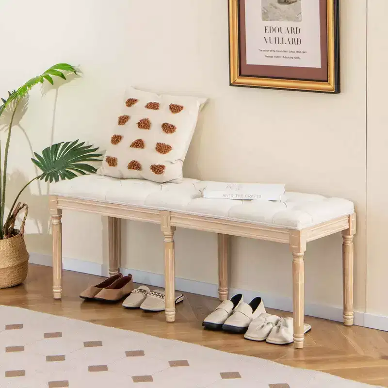 Costway 47 French Vintage Entryway Bench Upholstered Dining Bench with Rubber Wood Legs Beige/Grey