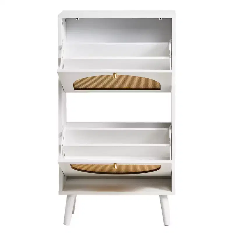 White 2-Door Flip Shoe Cabinet with Rattan Front, Holds 12 Pairs