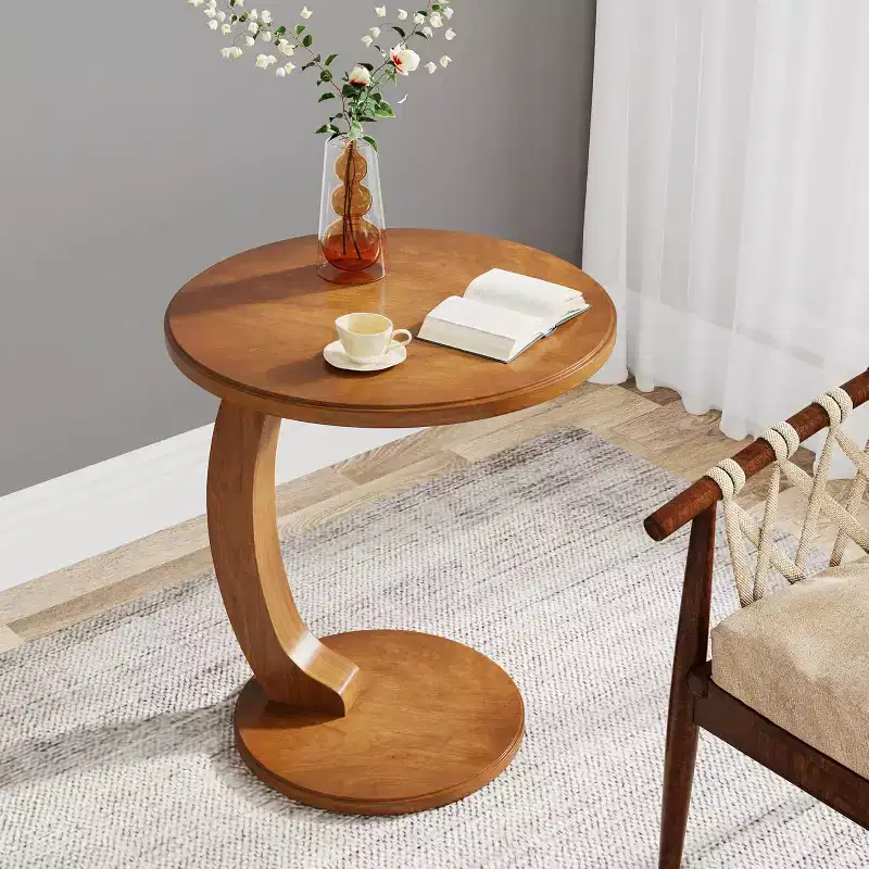 Lantine Round Side Table, Wooden C-Shaped End Table, Mid-Century Couch Side Table, Small Boho Side Table for Living Room, Bedroom
