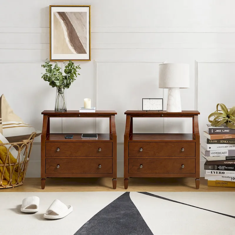 2 - Drawer Nightstand with Built-In Outlets and Pull-out Tray of 2