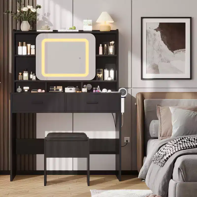Makeup Vanity Desk with Sliding Mirror, Modern Makeup Vanity, 2 Drawer and Soft Cushioned Stool, 3 Lighting Modes Adjustable, for Bedroom