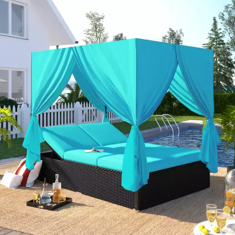 Whisen Patio Wicker Sunbed Daybed with Cushions & Adjustable Seats