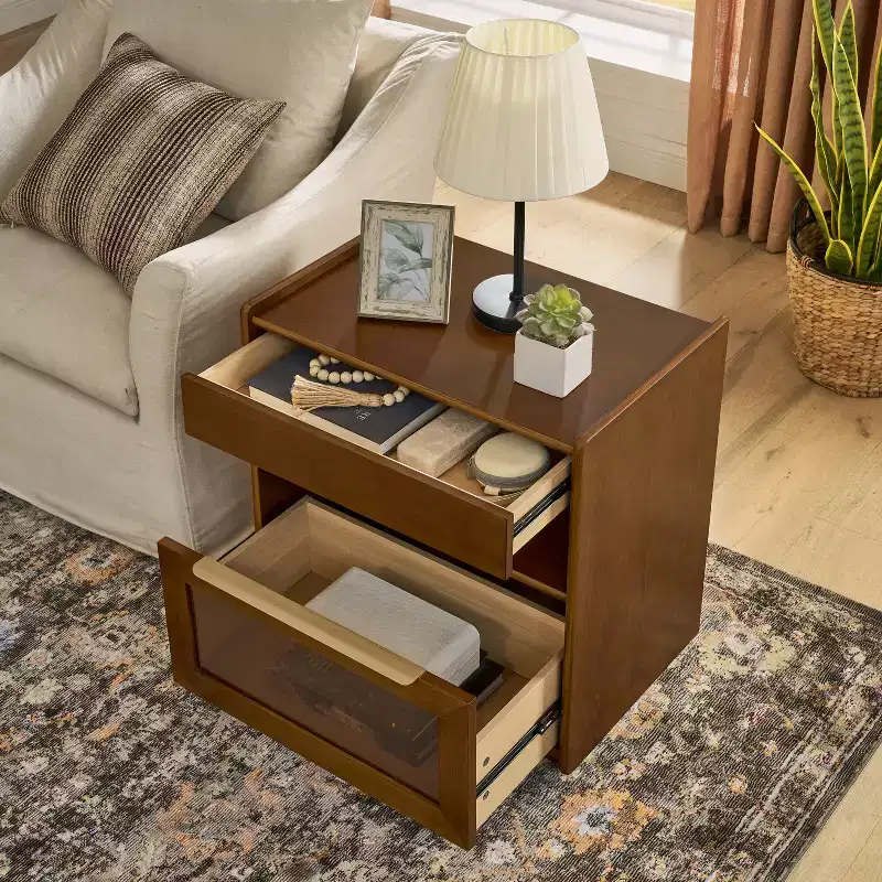 Modern End Table With 2 Drawers, Modern Bedroom Nightstand with Open Shelf, Wood Sofa Side Table for Living Room Bedroom
